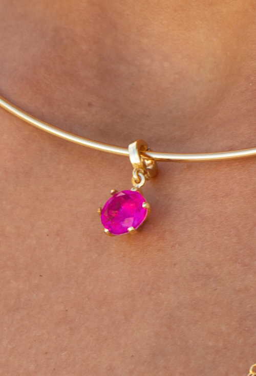 CONJUNTO BRINCO E PINGENTE REDONDO FÚCSIA FUSION BANHADO A OURO CJ227-O