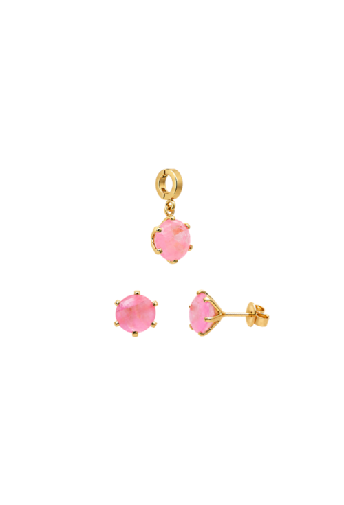 CONJUNTO BRINCO E PINGENTE REDONDO KUNZITA FUSION BANHADO A OURO CJ227-O