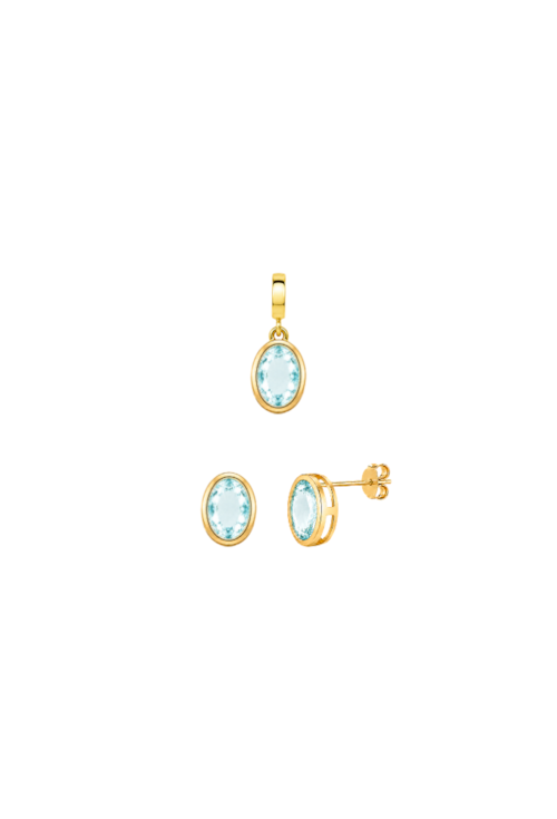 CONJUNTO BRINCOS E PINGENTE OVAIS COM PEDRA AZUL PARAÍBA BANHADO A OURO CJ225-O