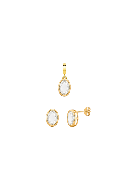 CONJUNTO BRINCOS E PINGENTE OVAIS COM PEDRA CRISTAL BANHADO A OURO CJ225-O
