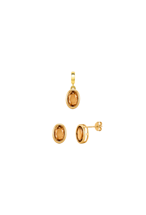 CONJUNTO BRINCOS E PINGENTE OVAIS COM PEDRA MARROM BANHADO A OURO CJ225-O