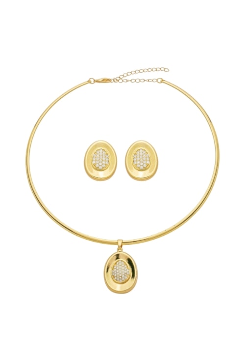 CONJUNTO COLAR ARO RÍGIDO OVAL CRAVEJADO BANHADO OURO CJ196-O