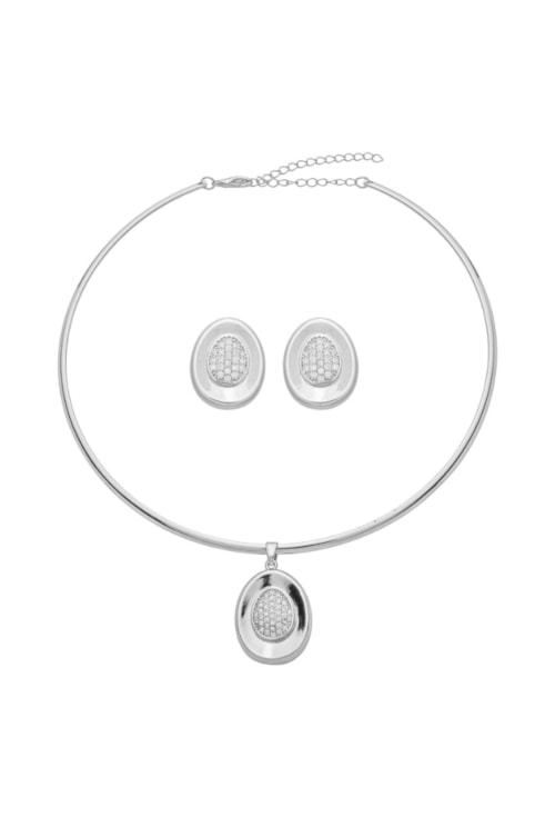 CONJUNTO COLAR ARO RÍGIDO OVAL CRAVEJADO BANHADO RÓDIO CJ196-R