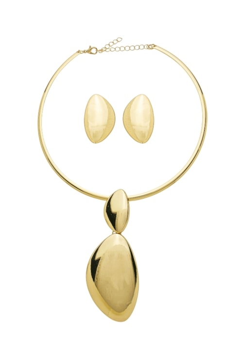 CONJUNTO COLAR ARO RÍGIDO OVAL ORGÂNICO BANHADO OURO CJ197-O