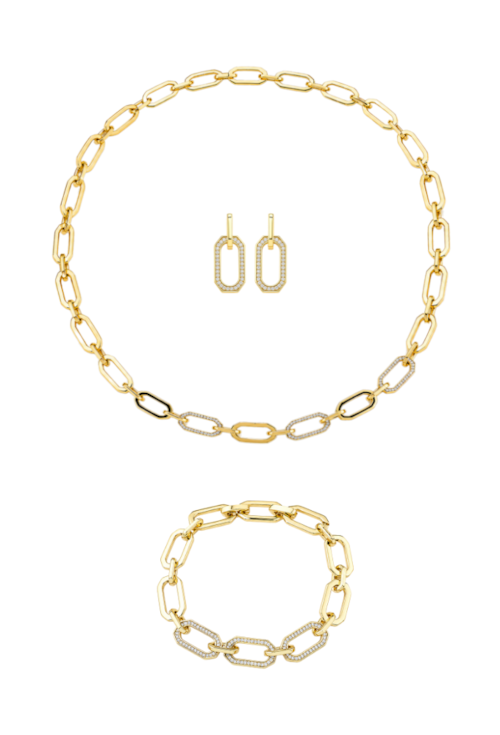CONJUNTO COLAR, BRINCOS E PULSEIRA COM ELOS CRAVEJADOS BANHADO A OURO CJ209-O