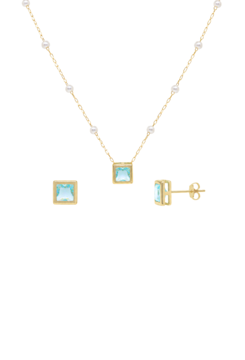 CONJUNTO COLAR COM PÉROLAS E BRINCOS QUADRADOS COM CRISTAL AZUL PARAÍBA CJ220-O