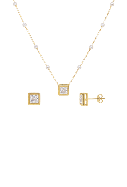 CONJUNTO COLAR COM PÉROLAS E BRINCOS QUADRADOS COM CRISTAL CJ220-O