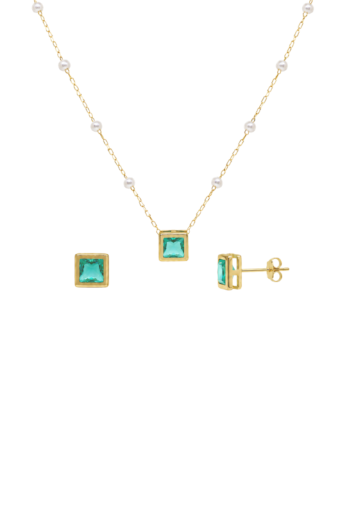 CONJUNTO COLAR COM PÉROLAS E BRINCOS QUADRADOS COM CRISTAL TURMALINA CJ220-O