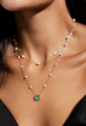 CONJUNTO COLAR COM PÉROLAS E BRINCOS QUADRADOS COM CRISTAL TURMALINA CJ220-O