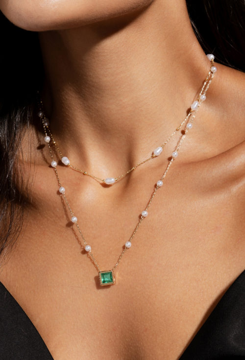 CONJUNTO COLAR COM PÉROLAS E BRINCOS QUADRADOS COM CRISTAL TURMALINA CJ220-O