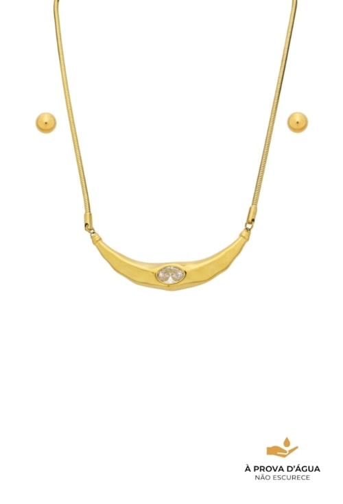 CONJUNTO COLAR COM PINGENTE CURVO E BRINCO ESFERA AÇO INOX CJ189-AD