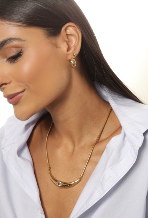 CONJUNTO COLAR COM PINGENTE CURVO E BRINCO ESFERA AÇO INOX CJ189-AD