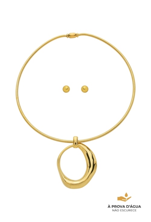 CONJUNTO COLAR COM PINGENTE OVAL E BRINCO ESFERA AÇO INOX CJ187-AD