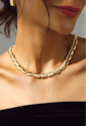 CONJUNTO COLAR E BRINCOS ELOS RETANGULARES CRAVEJADOS BANHADO A OURO 18K CJ232-O