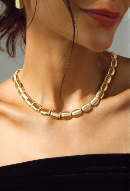 CONJUNTO COLAR E BRINCOS ELOS RETANGULARES CRAVEJADOS BANHADO A OURO 18K CJ232-O
