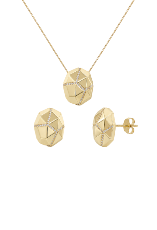 CONJUNTO COLAR E BRINCOS GEOMÉTRICOS CRAVEJADOS CJ222-O