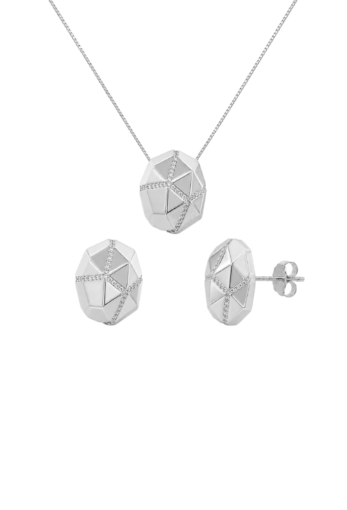 CONJUNTO COLAR E BRINCOS GEOMÉTRICOS CRAVEJADOS CJ222-R