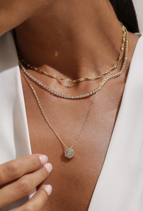 CONJUNTO COLAR E BRINCOS HEXAGONAL CRAVEJADO BANHADO A OURO CJ211-O