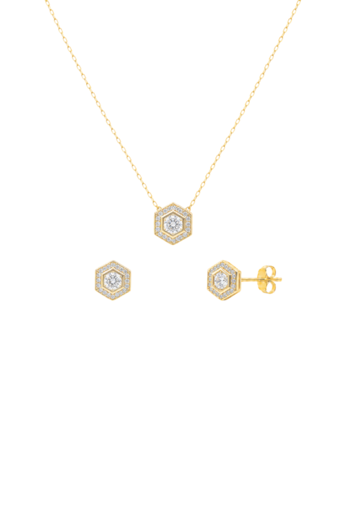 CONJUNTO COLAR E BRINCOS HEXAGONAL CRAVEJADO BANHADO A OURO CJ211-O