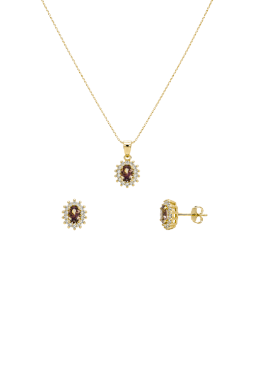 CONJUNTO COLAR E BRINCOS OVAL COM ZIRCÔNIAS CHOCOLATE BANHADO A OURO CJ217-O