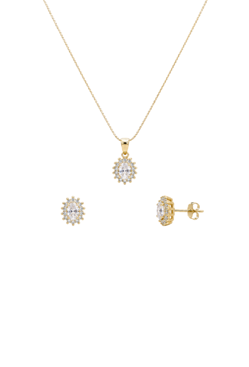 CONJUNTO COLAR E BRINCOS OVAL COM ZIRCÔNIAS CRISTAL BANHADO A OURO CJ217-O
