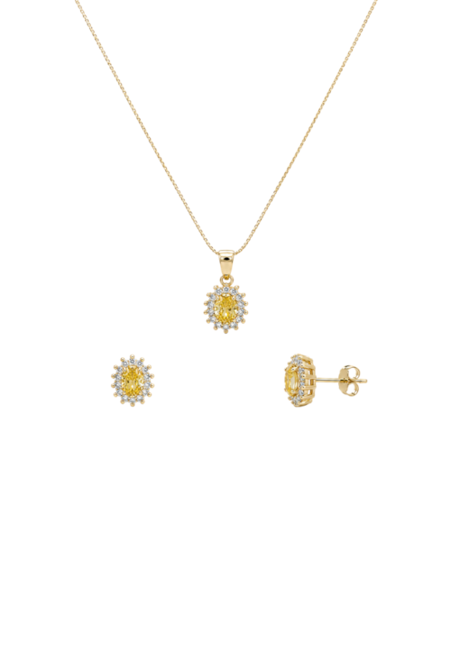 CONJUNTO COLAR E BRINCOS OVAL COM ZIRCÔNIAS YELLOW BANHADO A OURO CJ217-O