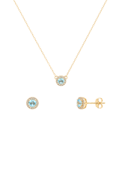 CONJUNTO COLAR E BRINCOS REDONDO CRAVEJADO COM PEDRA AZUL BANHADO A OURO CJ212-O