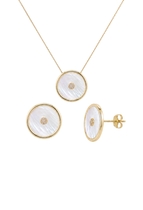 CONJUNTO COLAR E BRINCOS REDONDOS COM MADREPÉROLA BANHADO A OURO CJ221-O