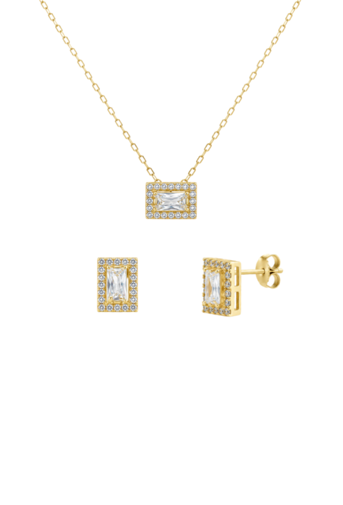 CONJUNTO COLAR E BRINCOS RETANGULAR CRAVEJADO BANHADO A OURO CJ214-O