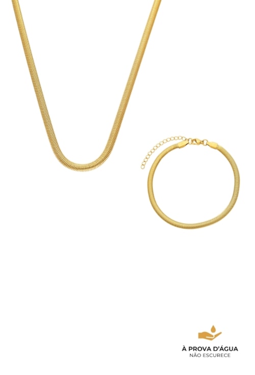 CONJUNTO COLAR E PULSEIRA FIO ALEMÃO 4MM AÇO INOX DOURADO CJ175-AD