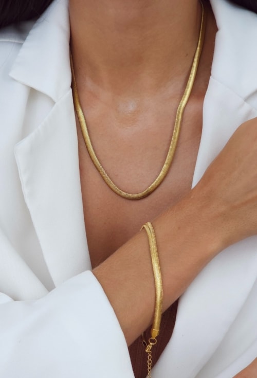 CONJUNTO COLAR E PULSEIRA FIO ALEMÃO 5MM AÇO INOX DOURADO CJ174-AD