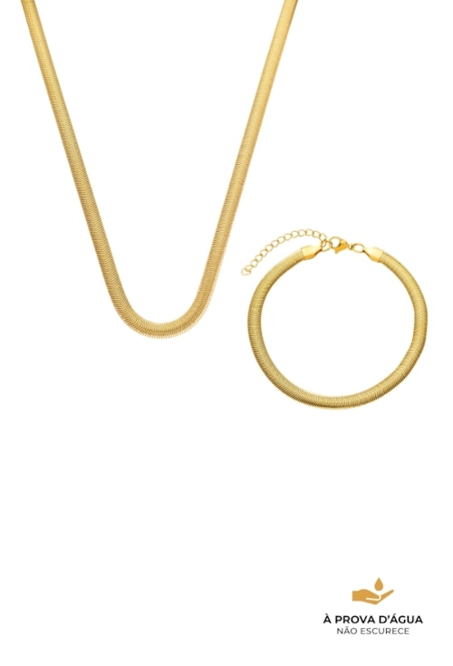 CONJUNTO COLAR E PULSEIRA FIO ALEMÃO 5MM AÇO INOX DOURADO CJ174-AD