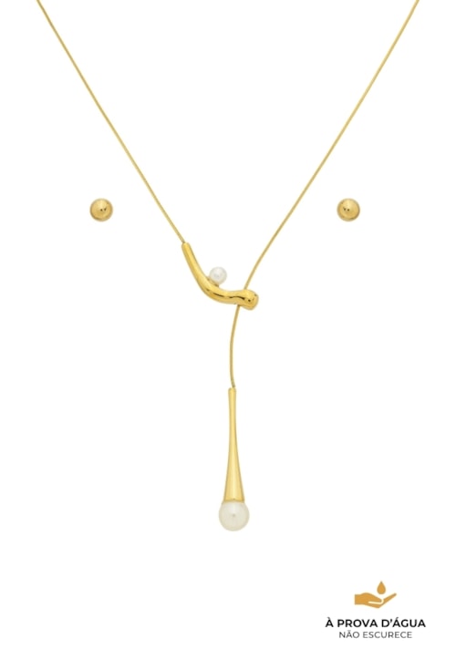 CONJUNTO COLAR GRAVATINHA COM PÉROLA E BRINCO ESFERA AÇO INOX CJ190-AD