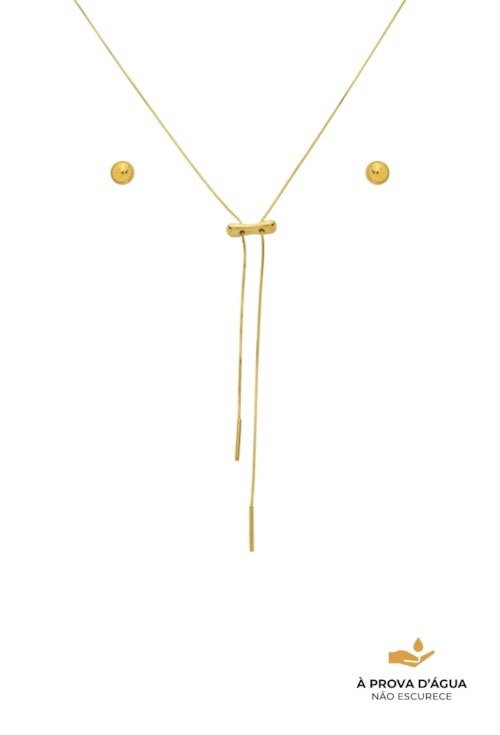 CONJUNTO COLAR GRAVATINHA E BRINCO ESFERA AÇO INOX CJ186-AD