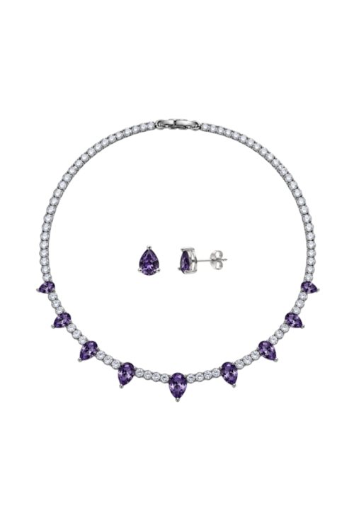 CONJUNTO COLAR RIVIERA CRISTAL E BRINCOS GOTA AMETISTA BANHADO A RÓDIO CJ231-R