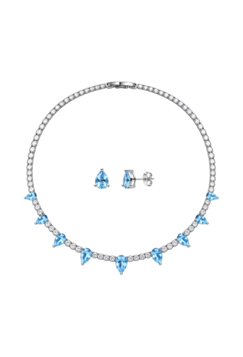 CONJUNTO COLAR RIVIERA CRISTAL E BRINCOS GOTA AZUL PARAÍBA BANHADO A RÓDIO CJ231-R