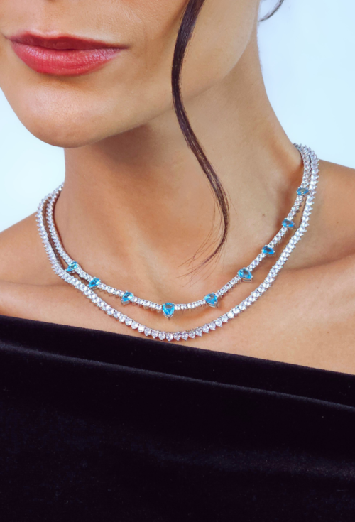 CONJUNTO COLAR RIVIERA CRISTAL E BRINCOS GOTA AZUL PARAÍBA BANHADO A RÓDIO CJ231-R