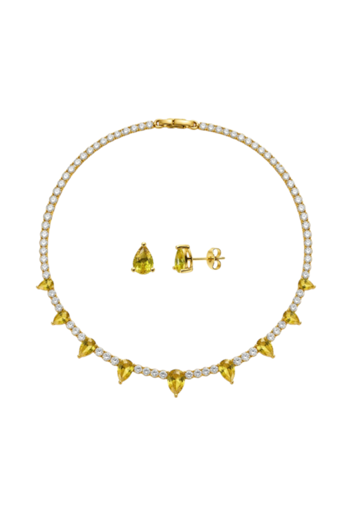 CONJUNTO COLAR RIVIERA CRISTAL E BRINCOS GOTA CITRINO BANHADO A OURO 18K CJ231-O