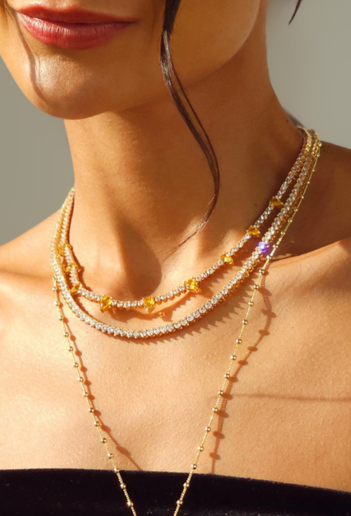 CONJUNTO COLAR RIVIERA CRISTAL E BRINCOS GOTA CITRINO BANHADO A OURO 18K CJ231-O