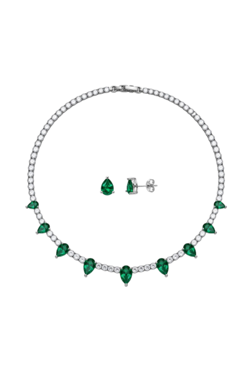 CONJUNTO COLAR RIVIERA CRISTAL E BRINCOS GOTA ESMERALDA BANHADO A RÓDIO CJ231-R