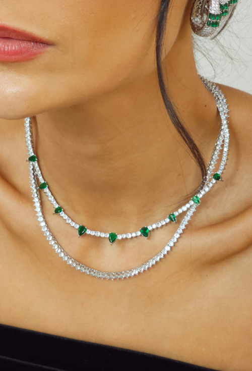 CONJUNTO COLAR RIVIERA CRISTAL E BRINCOS GOTA ESMERALDA BANHADO A RÓDIO CJ231-R