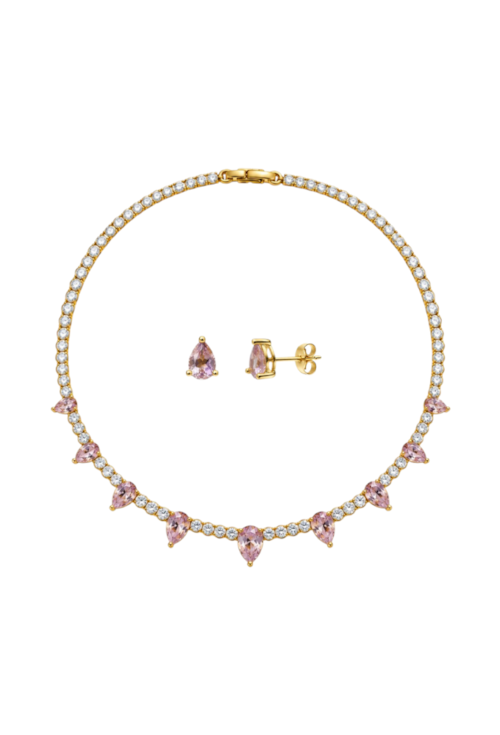 CONJUNTO COLAR RIVIERA CRISTAL E BRINCOS GOTA KUNZITA BANHADO A OURO 18K CJ231-O
