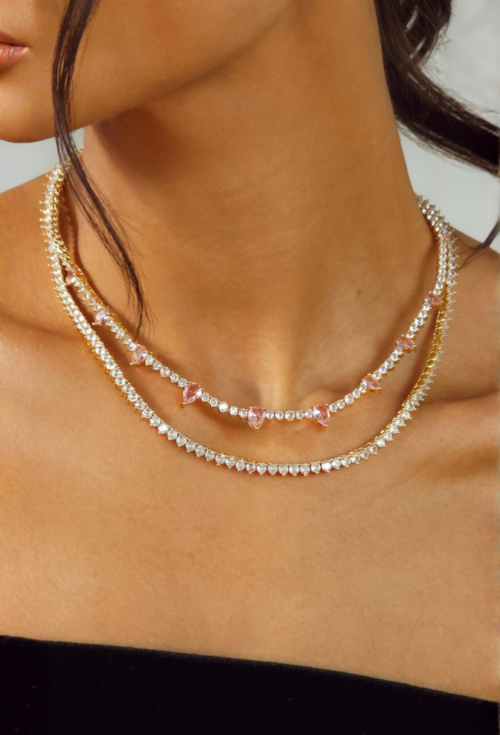 CONJUNTO COLAR RIVIERA CRISTAL E BRINCOS GOTA KUNZITA BANHADO A OURO 18K CJ231-O