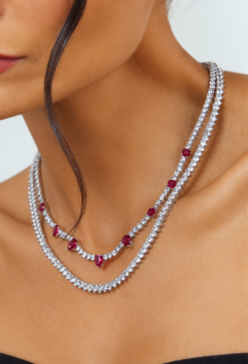 CONJUNTO COLAR RIVIERA CRISTAL E BRINCOS GOTA RUBELITA BANHADO A RÓDIO CJ231-R