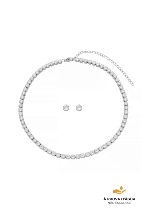 CONJUNTO COLAR RIVIERA E BRINCO COM PEDRA LAPIDADA AÇO INOX CJ191-A