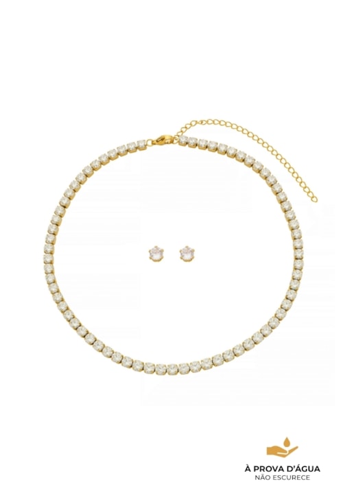 CONJUNTO COLAR RIVIERA E BRINCO COM PEDRA LAPIDADA AÇO INOX CJ191-AD