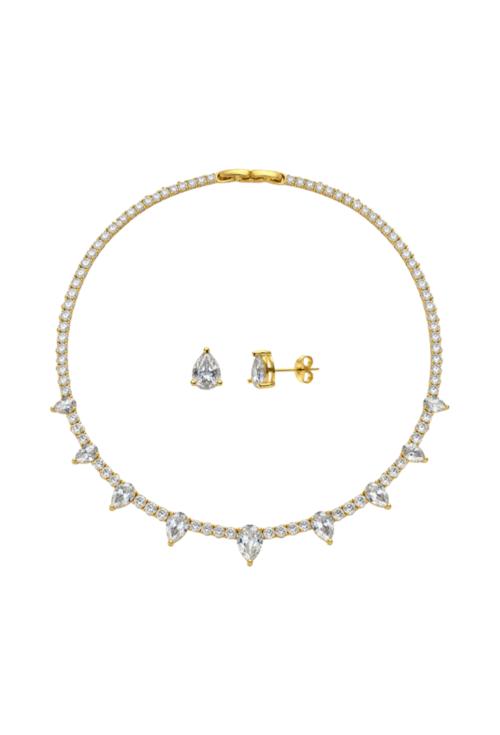 CONJUNTO COLAR RIVIERA E BRINCOS GOTA CRISTAL BANHADO A OURO 18K CJ231-O