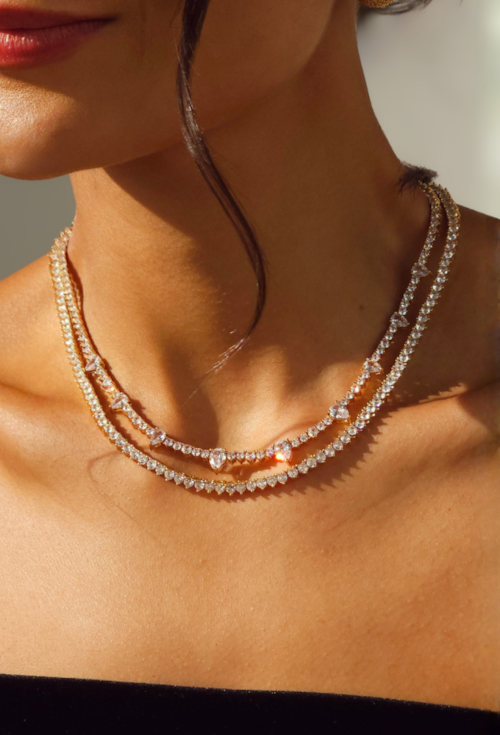 CONJUNTO COLAR RIVIERA E BRINCOS GOTA CRISTAL BANHADO A OURO 18K CJ231-O