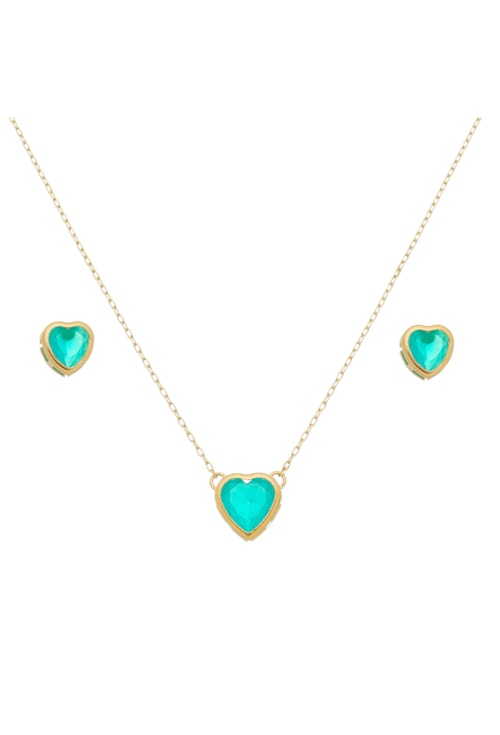 CONJUNTO COM PEDRA CORAÇÃO AZUL LEITOSO CJ025-O