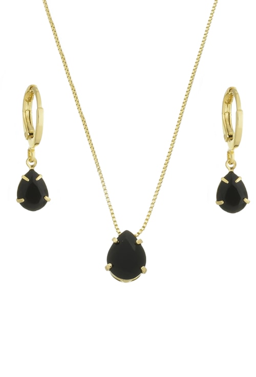 CONJUNTO COM PEDRA GOTA ÔNIX CJ009-O